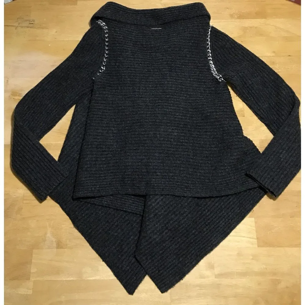 Michael Kors Gray Sweater Cardigan 100% Lamb‎ Wool Silver Chain Long Sleeve XS